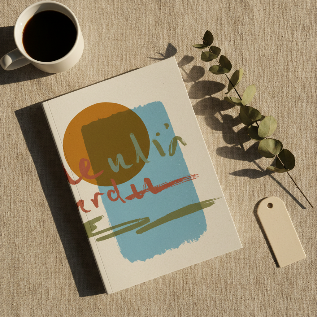A sophisticated mock-up of a Spanish literary novel’s front cover lying flat on a neutral linen cloth, surrounded by understated props: a dried eucalyptus sprig, a simple ceramic bookmark, and a cup of black coffee in a matte white mug. The "cover" shows only abstract shapes and color fields, implying title and author without any legible text. Warm, directional morning light enters from the right, casting delicate shadows from the foliage and emphasizing the fabric’s texture. Shot from a slightly angled overhead perspective, the composition draws the eye to the book as the hero object. The mood is intimate yet polished, blending bookish charm with a professional, market-ready e-commerce aesthetic in photographic realism.