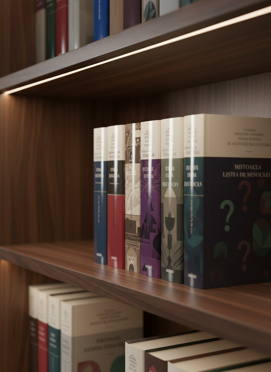 An elegant row of contemporary Spanish-language novels standing upright on a polished walnut shelf, each cover visible but without readable text, just abstract color blocks and subtle patterns suggesting different genres: drama, historical, mystery. Soft studio lighting from above and slightly to the left creates clean, professional highlights along the glossy covers and subtle shadows behind the books. Shot at a slightly elevated angle using the rule of thirds, the focus is sharp on the central spines, with the foreground and background gently blurred. The atmosphere feels curated and refined, like a high-end literary e-commerce catalog, emphasizing order, quality, and the richness of modern narrative fiction in photographic realism.