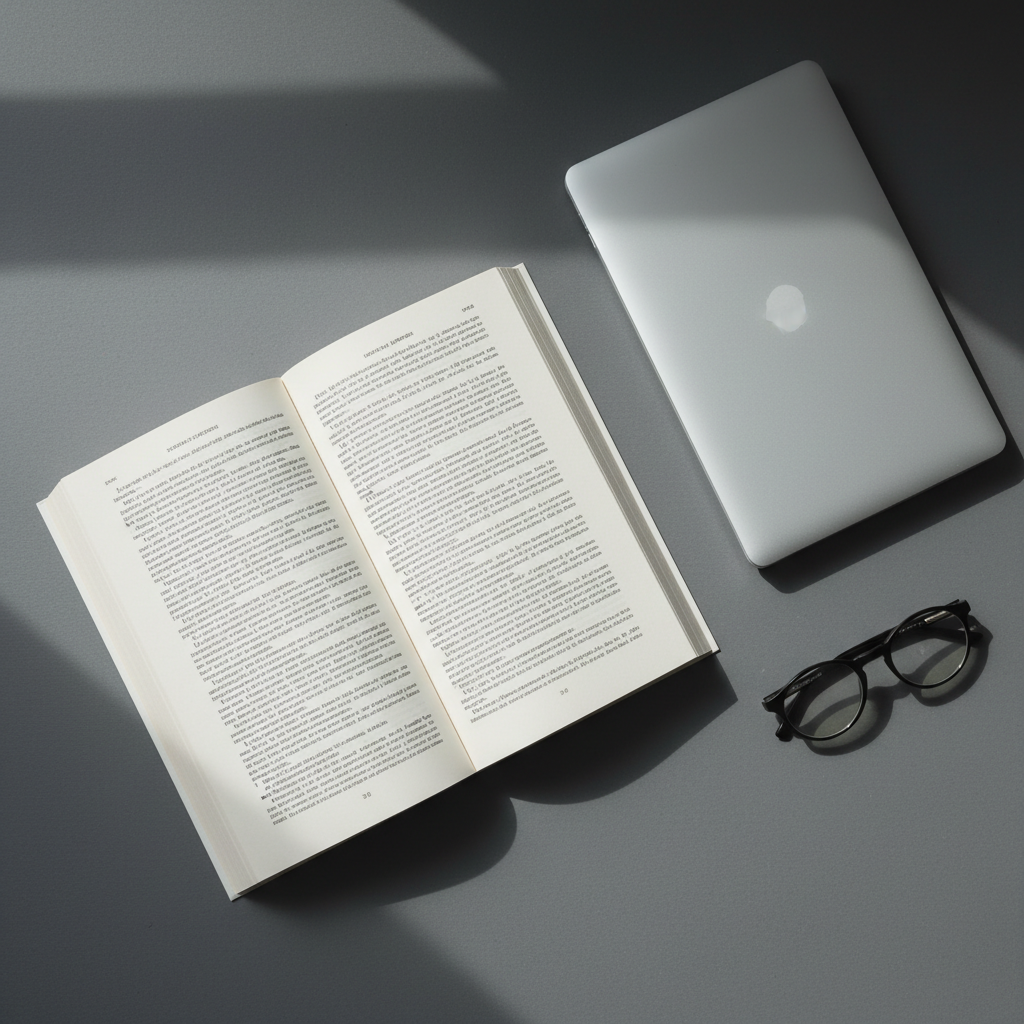 A pristine, open literary novel in Spanish, its cream-colored pages gently curved, placed on a slate-gray table beside a closed laptop and a pair of simple black reading glasses. No text is legible, only the rhythm of lines and paragraphs. Diffused overcast light from a nearby window bathes the scene in soft, even illumination, muting reflections and creating barely-there shadows. Captured from a top-down, bird’s-eye view, the composition is clean and minimalist, with strong geometric lines and negative space. The mood is focused and professional, suggesting an organized author or editor at work on a novel manuscript, perfect for a serious literature-focused website in photographic realism.